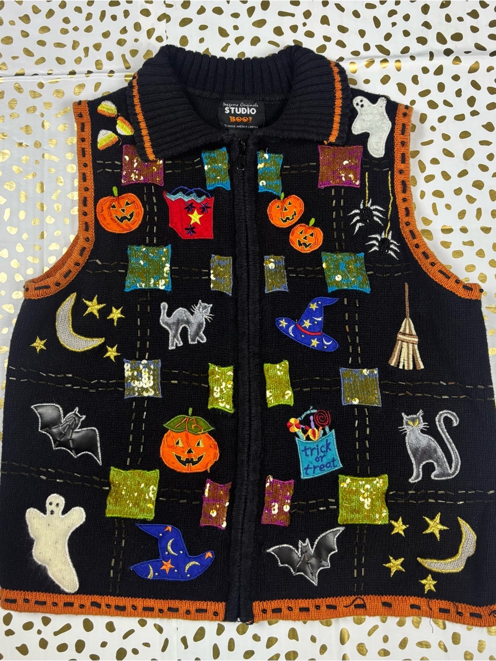 Vintage 90s Studio Boo Halloween Sweater Vest M Black Knit Sequins C